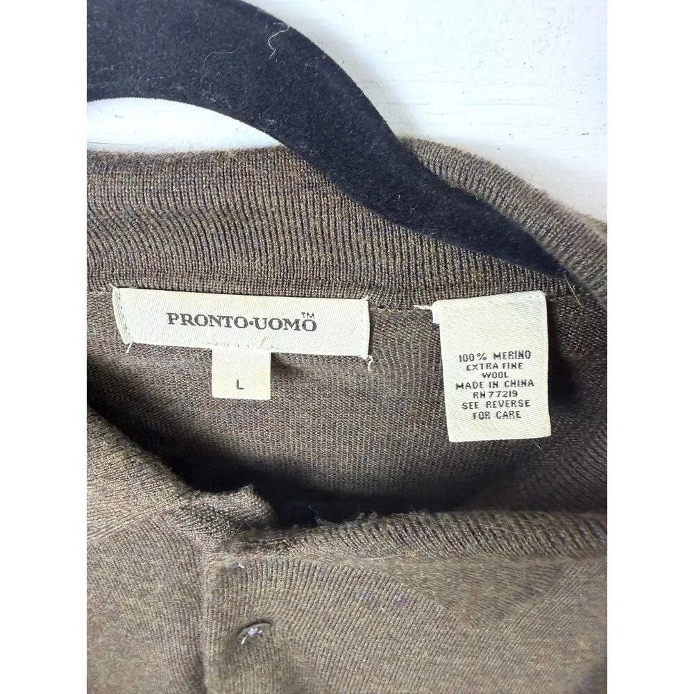 Pronto Uomo Extra Fine Merino Wool Polo Sweater Mens L Taupe Brown 3 Button